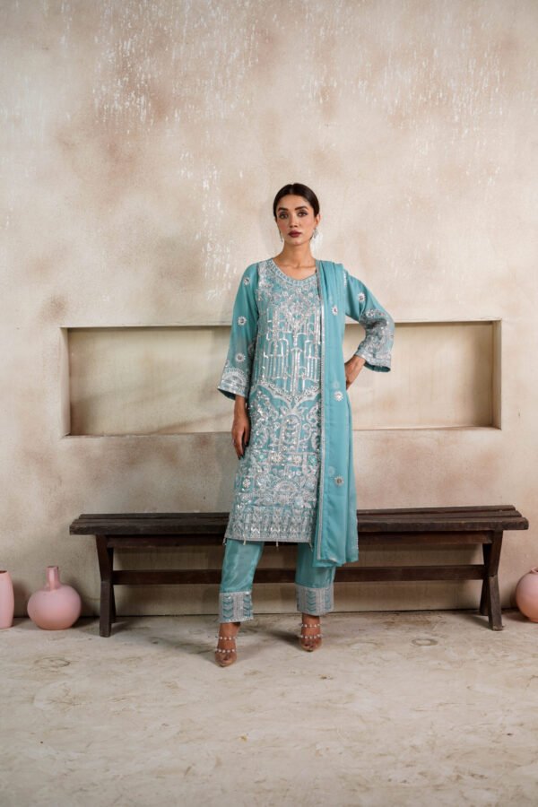 Cotton Net Embroidered Suit with Pearl Detailing