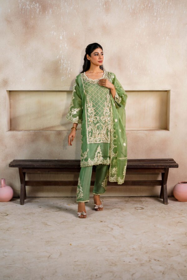 Cotton Net Embroidered Suit with Pearl Detailing