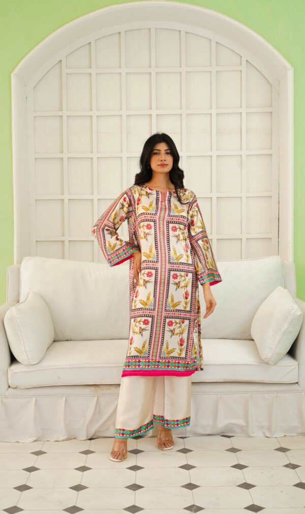 Silk Printed Suit with Embellished Neck and Floral Bird Design