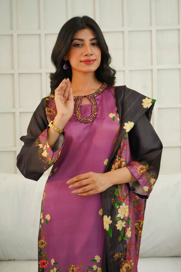 Silk Printed Suit with Floral Neck Embellishment